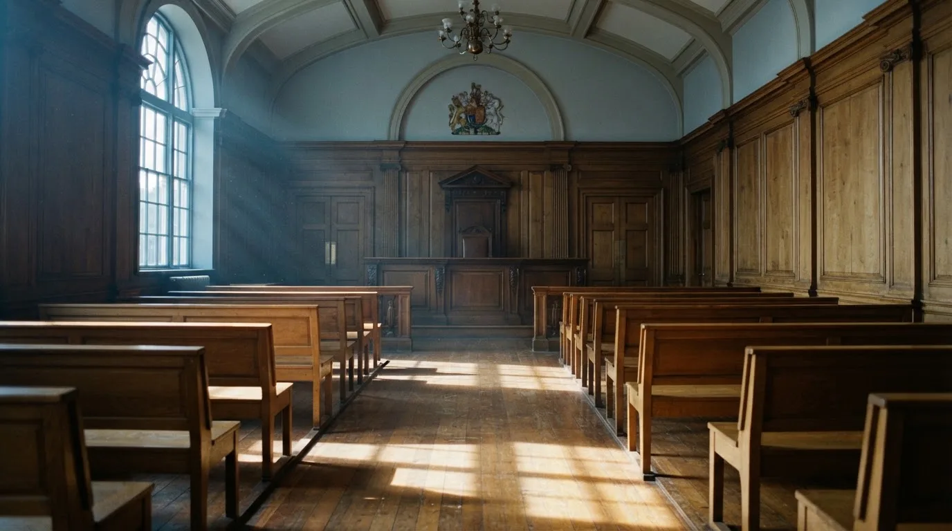 Sala de tribunal vazia com painéis de madeira, à luz da manhã — cassinos online em portugal