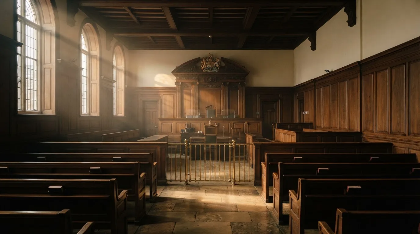 Sala de tribunal vazia com painéis de madeira, à luz da manhã — cassinos sem kyc em portugal