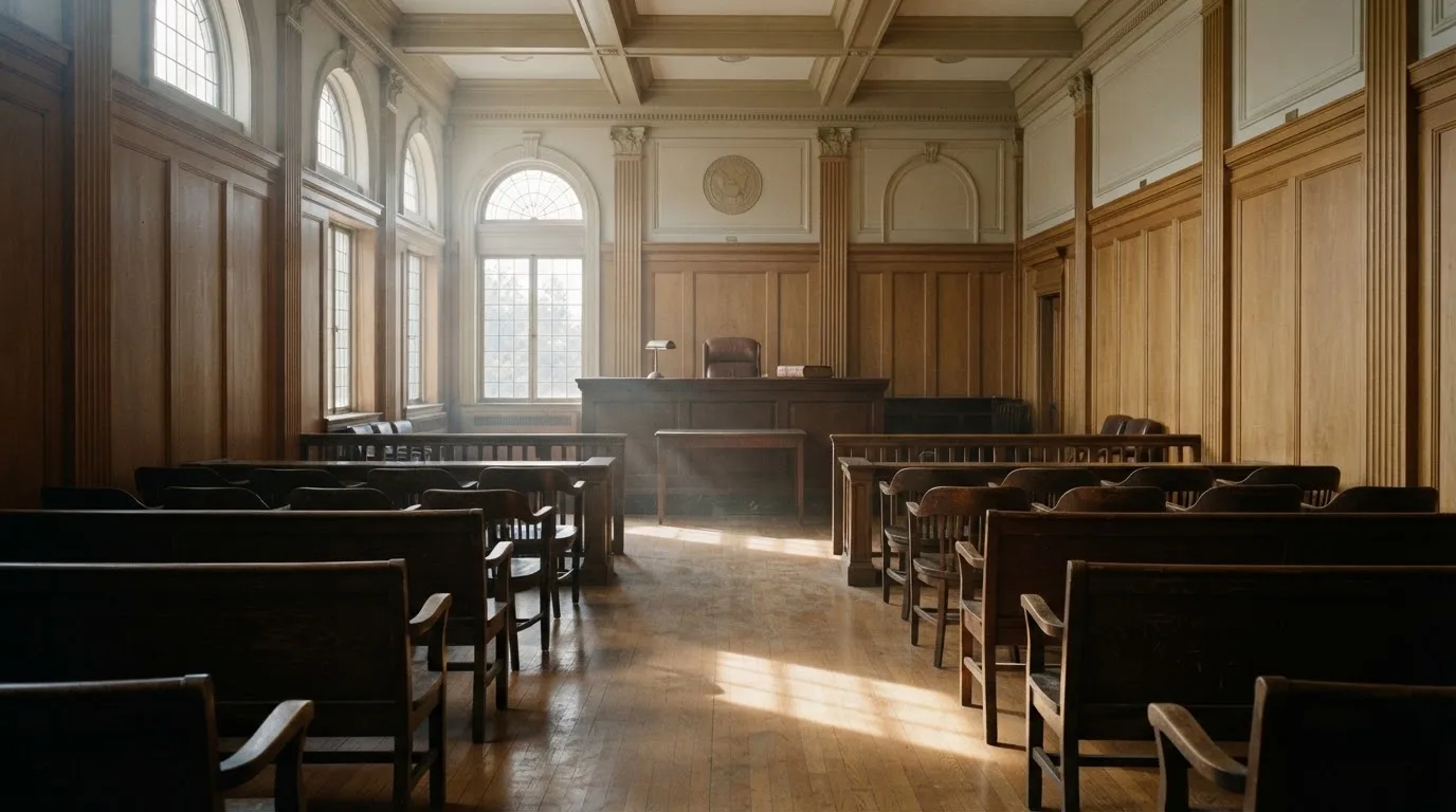 Sala de tribunal vazia com painéis de madeira, à luz da manhã — como jogar em casino pt