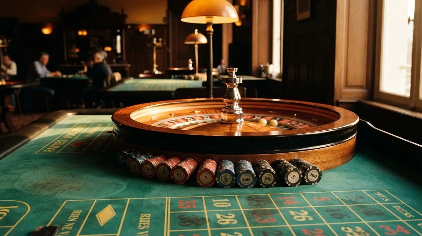 Roda de roleta e fichas sobre feltro verde, sob uma luz quente de fim de tarde — como jogar em casino pt