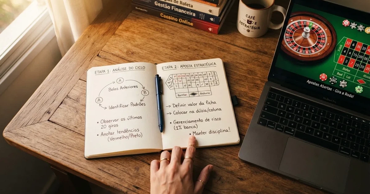 Caderno com um esboço passo a passo ao lado de um teclado — como jogar em casino pt