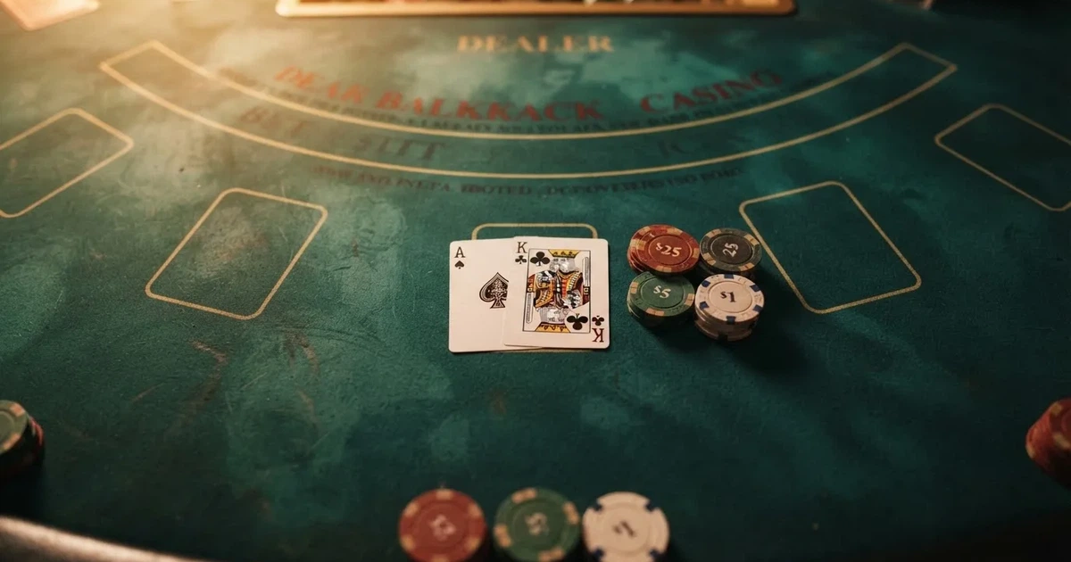 Mesa de jogo iluminada com cartas, vista de cima — estratégia de blackjack para portugueses