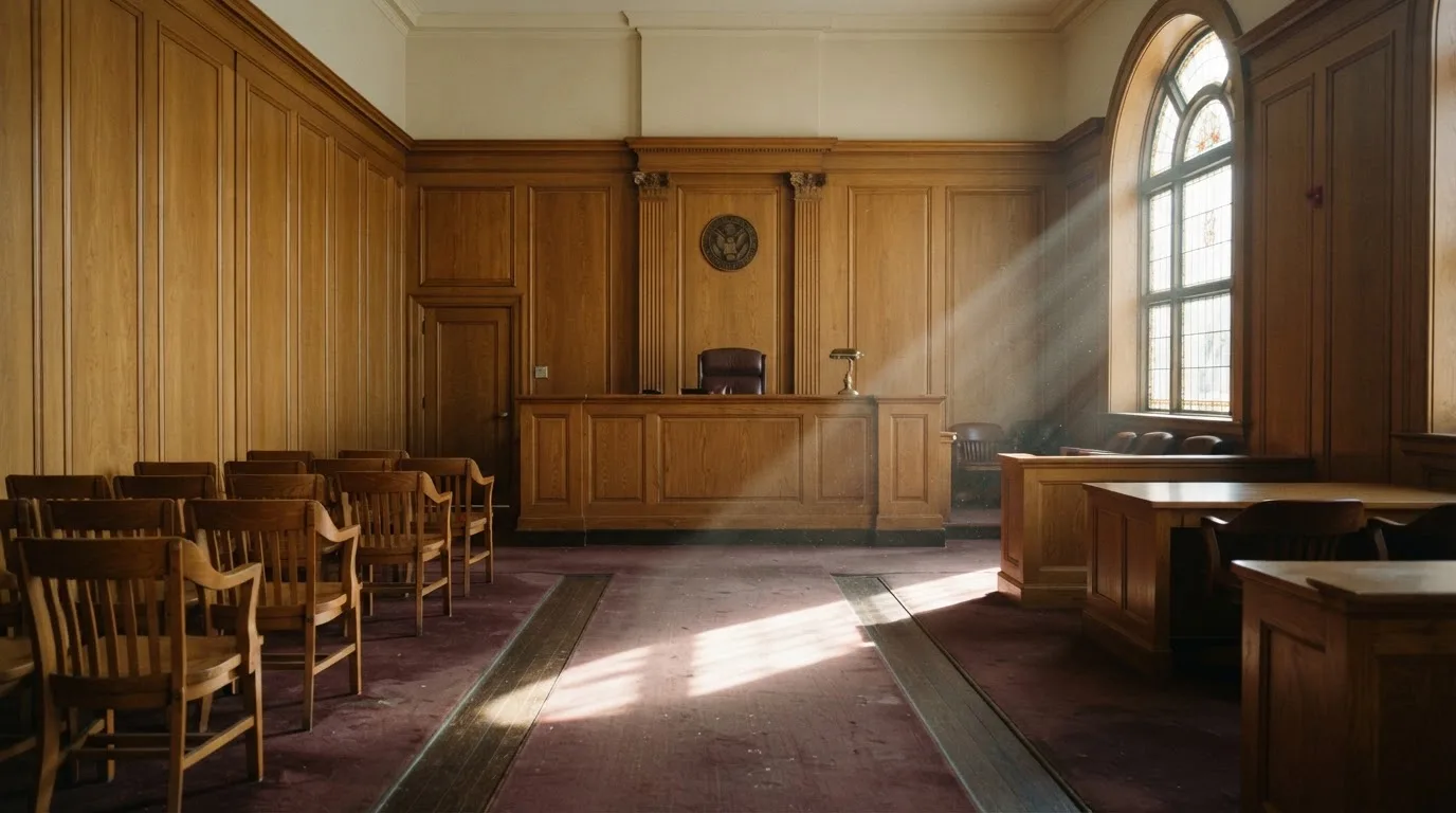 Sala de tribunal vazia com painéis de madeira, à luz da manhã — estratégia de roleta para portugueses