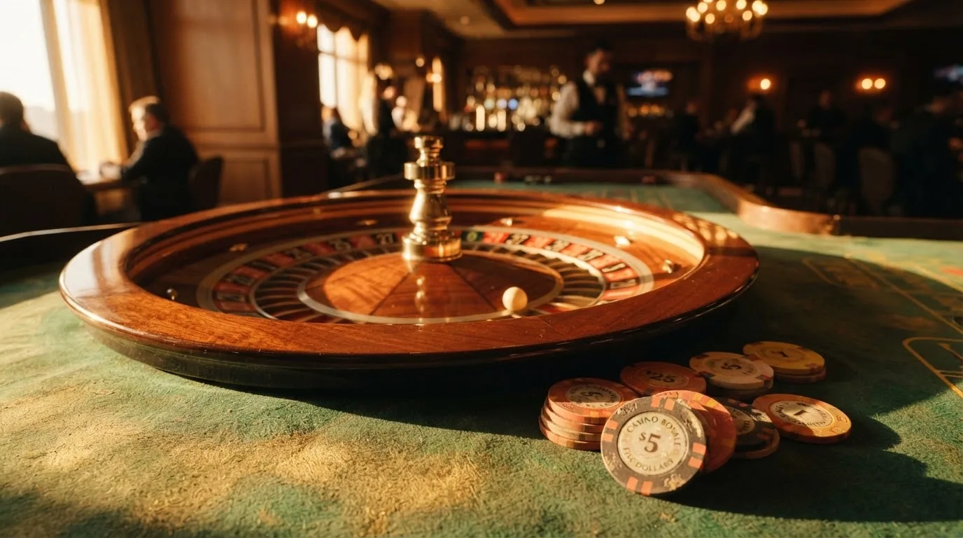 Roda de roleta e fichas sobre feltro verde, sob uma luz quente de fim de tarde — guias de casino para os portugueses