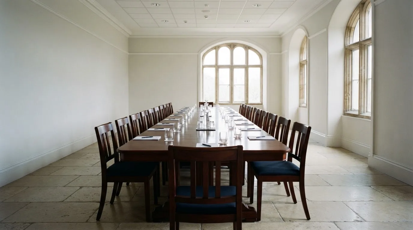 Sala de reuniões de um organismo público com mesa comprida, cadeiras alinhadas e janelas altas, sem pessoas, luz de manhã.