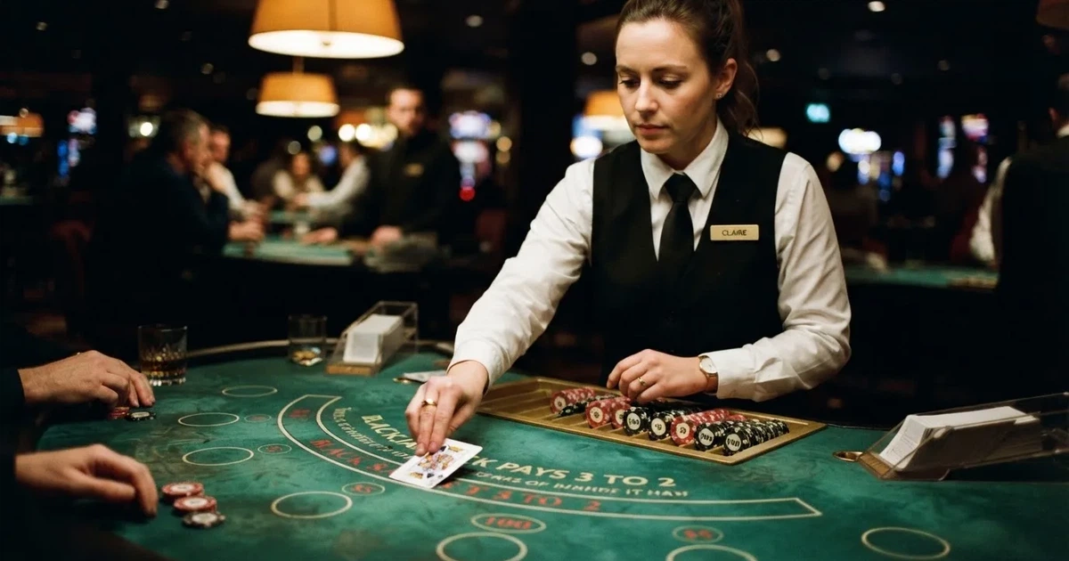 Croupier de colete preto a distribuir cartas numa mesa de blackjack semicircular, feltro verde, fichas empilhadas e iluminação baixa.