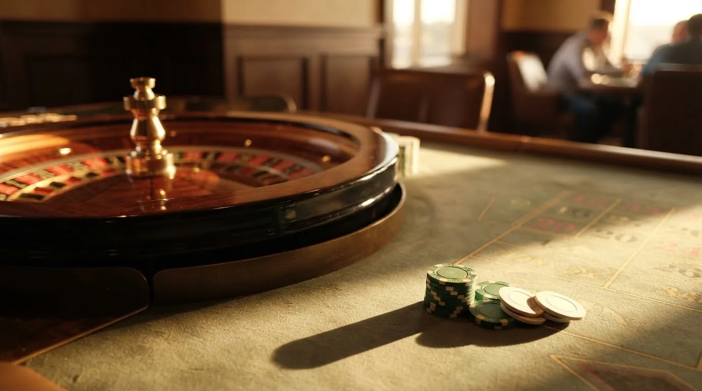 Roda de roleta e fichas sobre feltro verde, sob uma luz quente de fim de tarde — jogar no casino em portugal