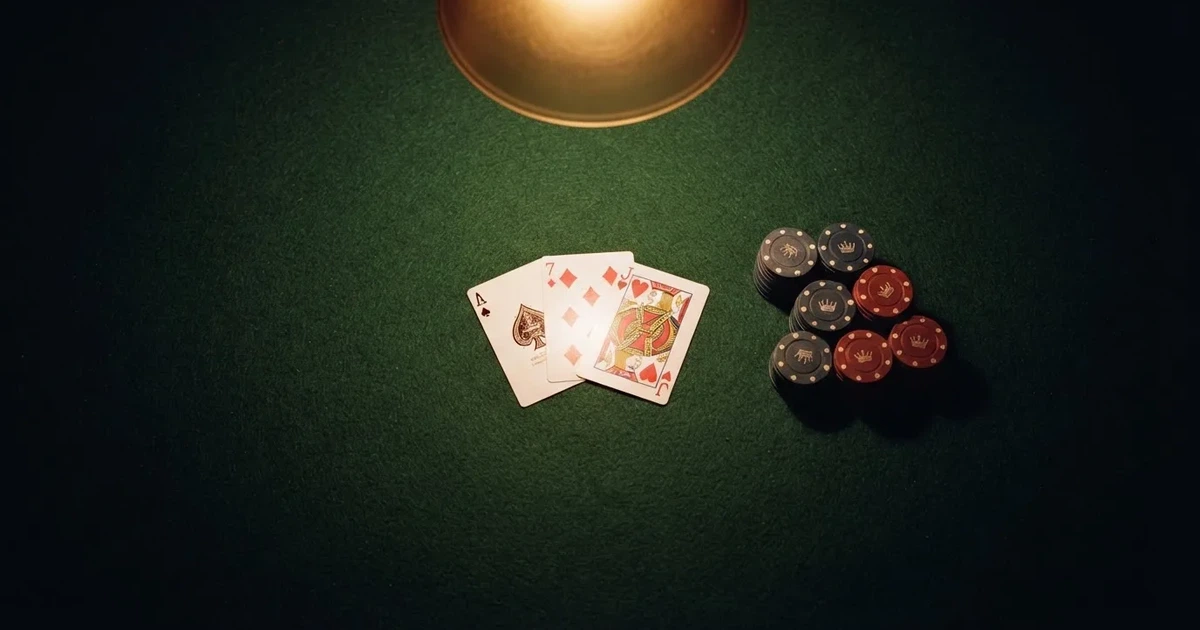 Mesa de jogo iluminada com cartas, vista de cima — jogar no casino em portugal