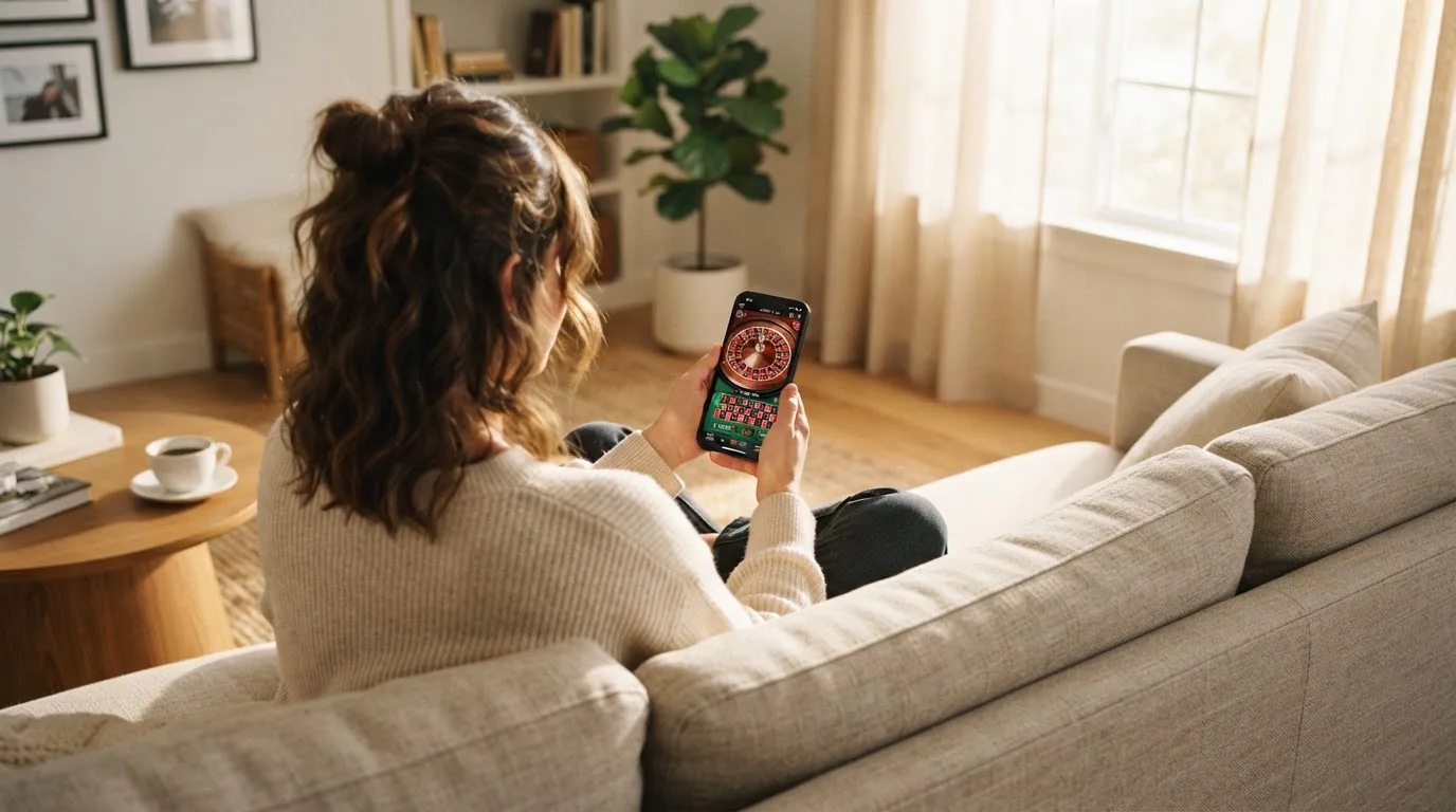 Mulher sentada num sofá a jogar roleta no telemóvel, com uma chávena de café na mesa e luz natural a entrar pela janela.