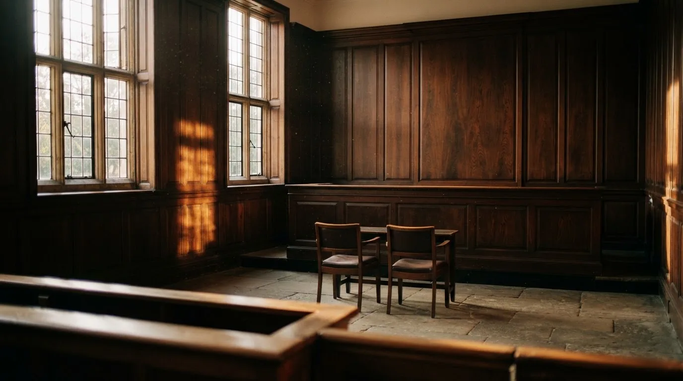 Sala de tribunal vazia com painéis de madeira, à luz da manhã — jogo de craps em portugal