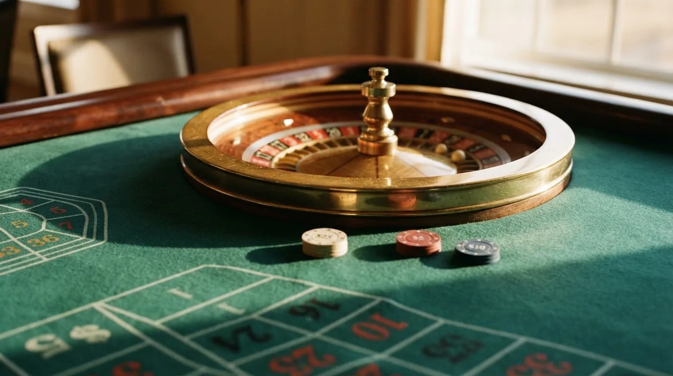 Roda de roleta e fichas sobre feltro verde, sob uma luz quente de fim de tarde — jogo de craps em portugal
