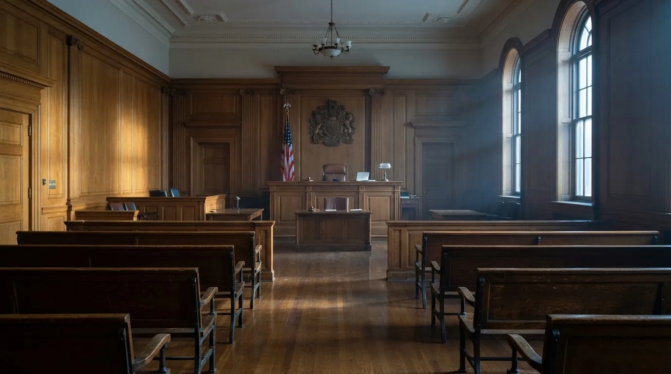 Sala de tribunal vazia com painéis de madeira, à luz da manhã — jogos de caça-níqueis em portugal