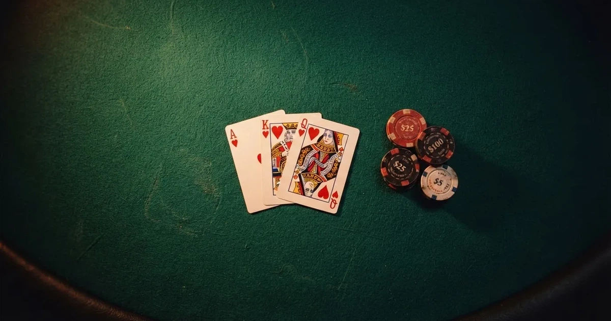 Mesa de jogo iluminada com cartas, vista de cima — jogos de caça-níqueis em portugal