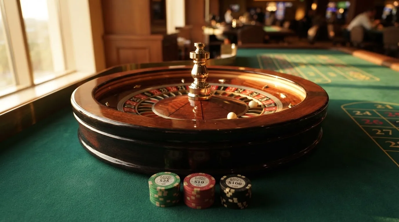 Roda de roleta e fichas sobre feltro verde, sob uma luz quente de fim de tarde — jogos de casino em portugal