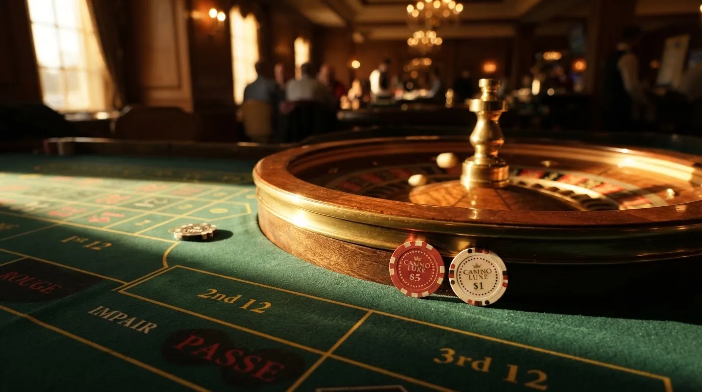 Roda de roleta e fichas sobre feltro verde, sob uma luz quente de fim de tarde — jogos de casino grátis pt