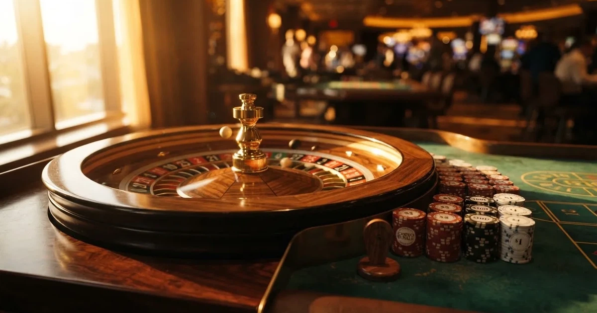 Roda de roleta e fichas sobre feltro verde, sob uma luz quente de fim de tarde — jogos de casino online pt