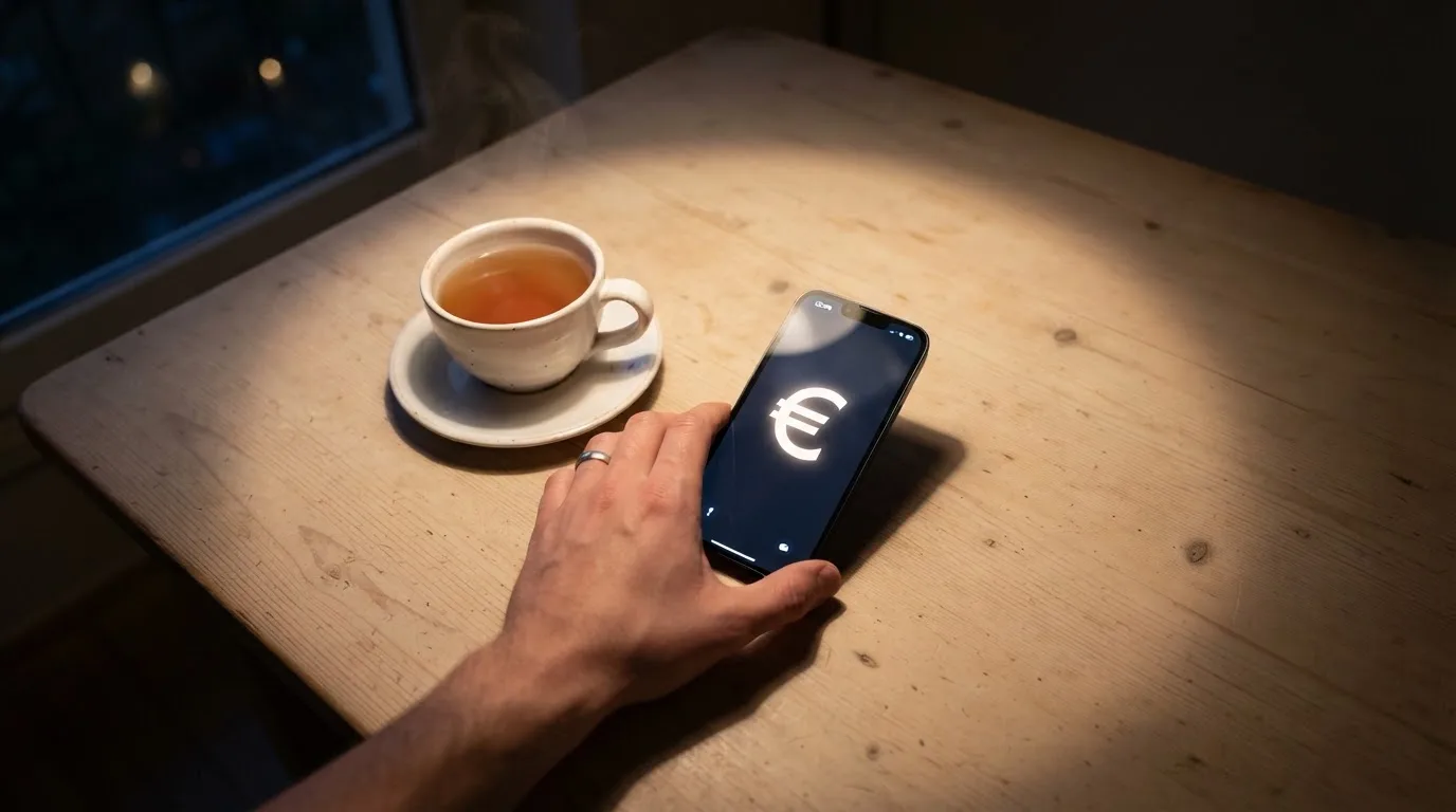 Mão a segurar um telemóvel ao lado de uma chávena de chá numa mesa de cozinha, numa noite tranquila — jogos de cassino em portugal