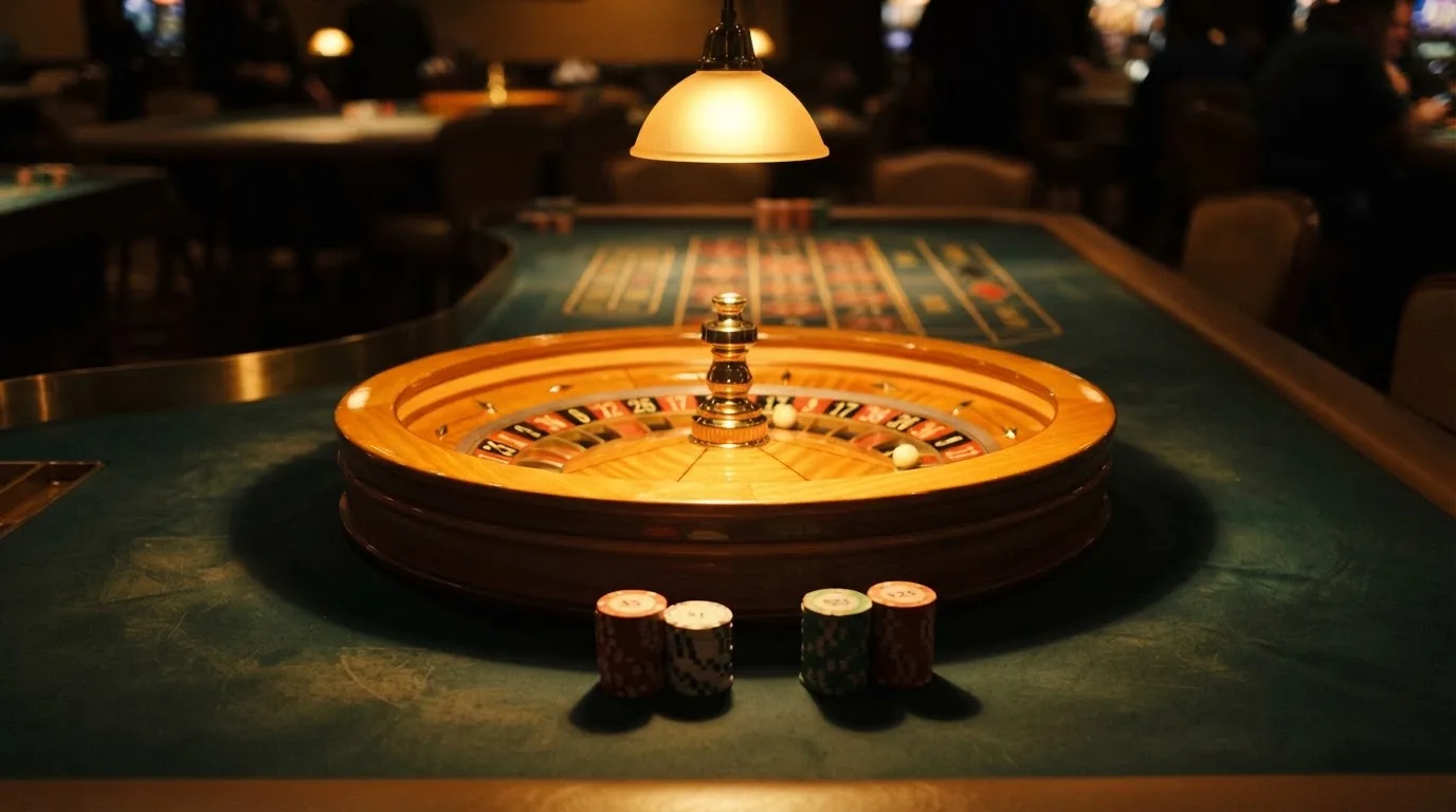 Roda de roleta e fichas sobre feltro verde, sob uma luz quente de fim de tarde — jogos de roleta em casino pt