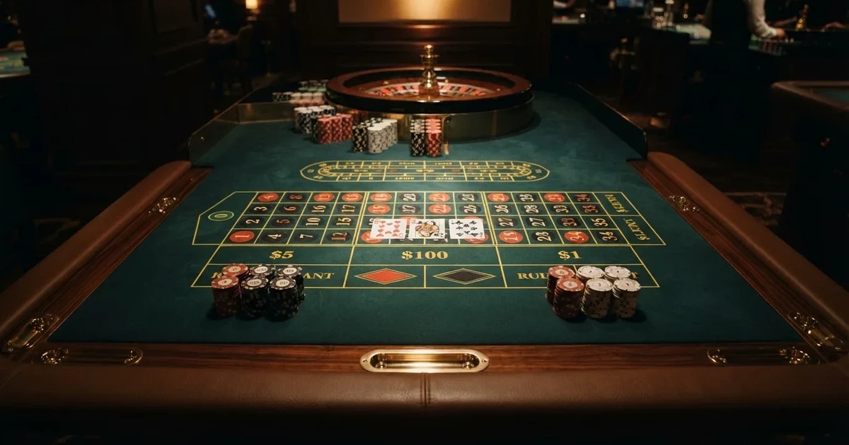 Mesa de jogo iluminada com cartas, vista de cima — jogos de roleta em casino pt