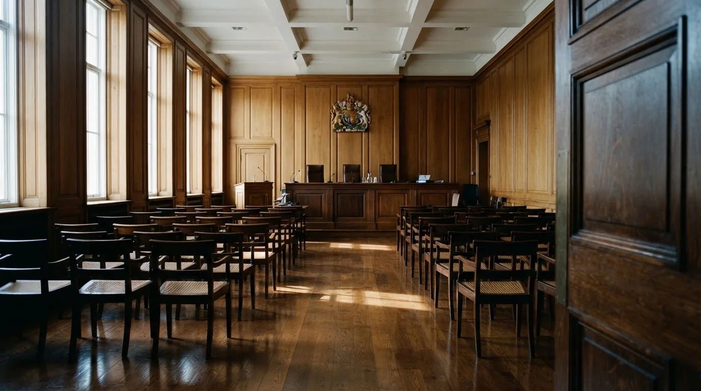 Sala de tribunal vazia com painéis de madeira, à luz da manhã — jogos de slots em portugal