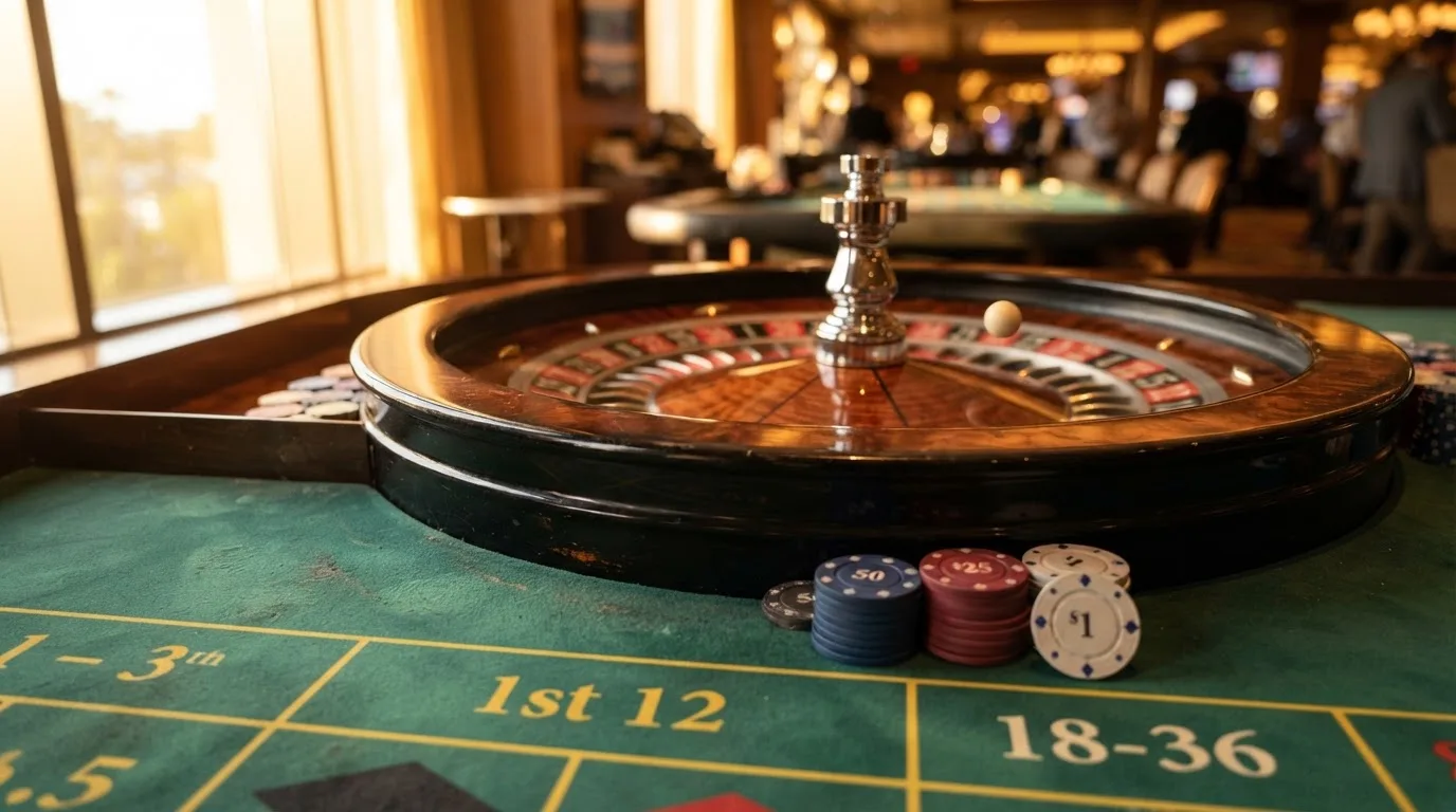 Roda de roleta e fichas sobre feltro verde, sob uma luz quente de fim de tarde — jogos de slots em portugal