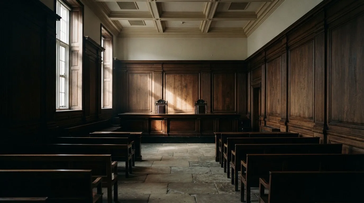 Sala de tribunal vazia com painéis de madeira, à luz da manhã — keno em cassino pt