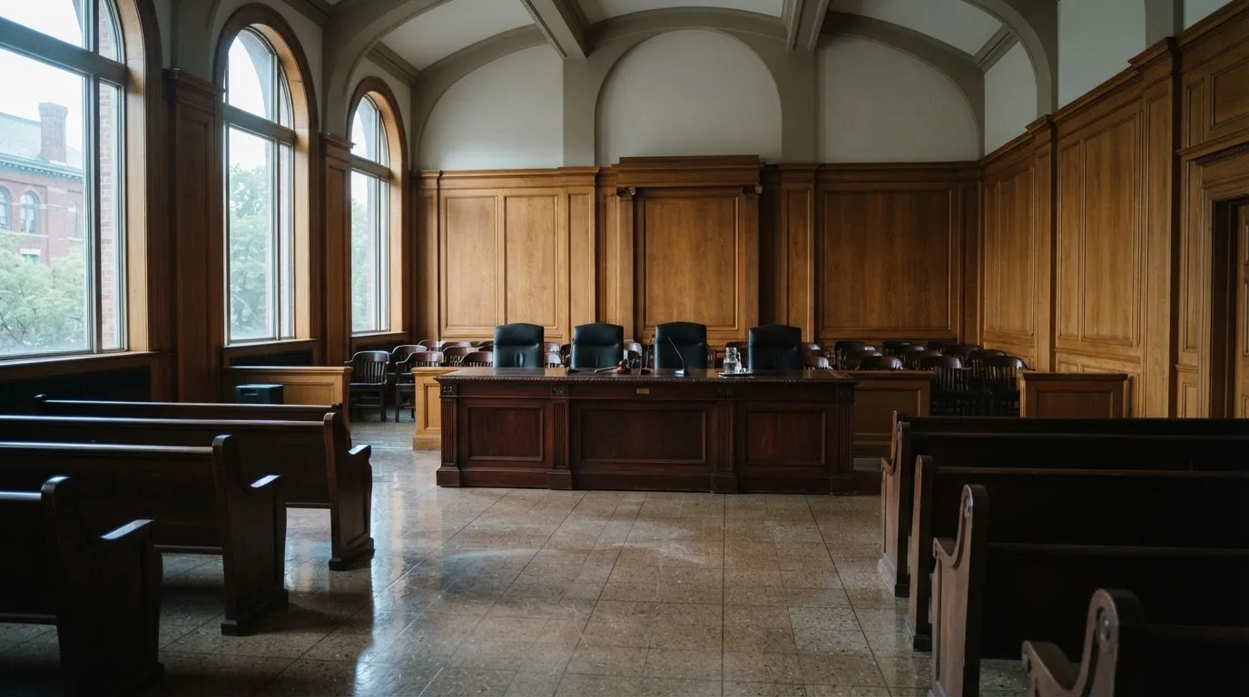 Sala de tribunal vazia com painéis de madeira, à luz da manhã — live casinos em portugal