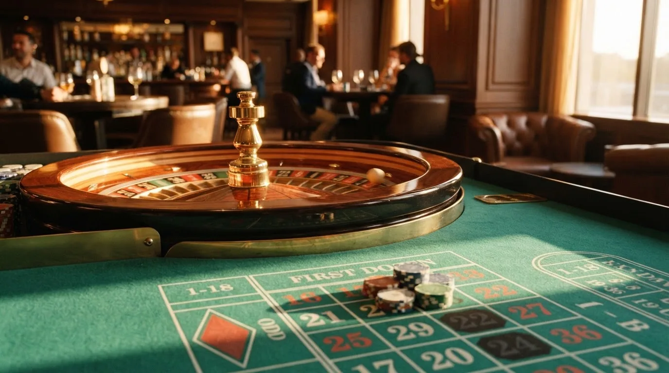 Roda de roleta e fichas sobre feltro verde, sob uma luz quente de fim de tarde — live casinos em portugal