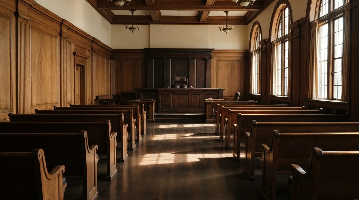 Sala de tribunal vazia com painéis de madeira, à luz da manhã — máquinas de casino em portugal