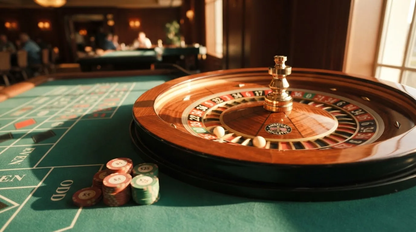 Roda de roleta e fichas sobre feltro verde, sob uma luz quente de fim de tarde — máquinas de casino em portugal