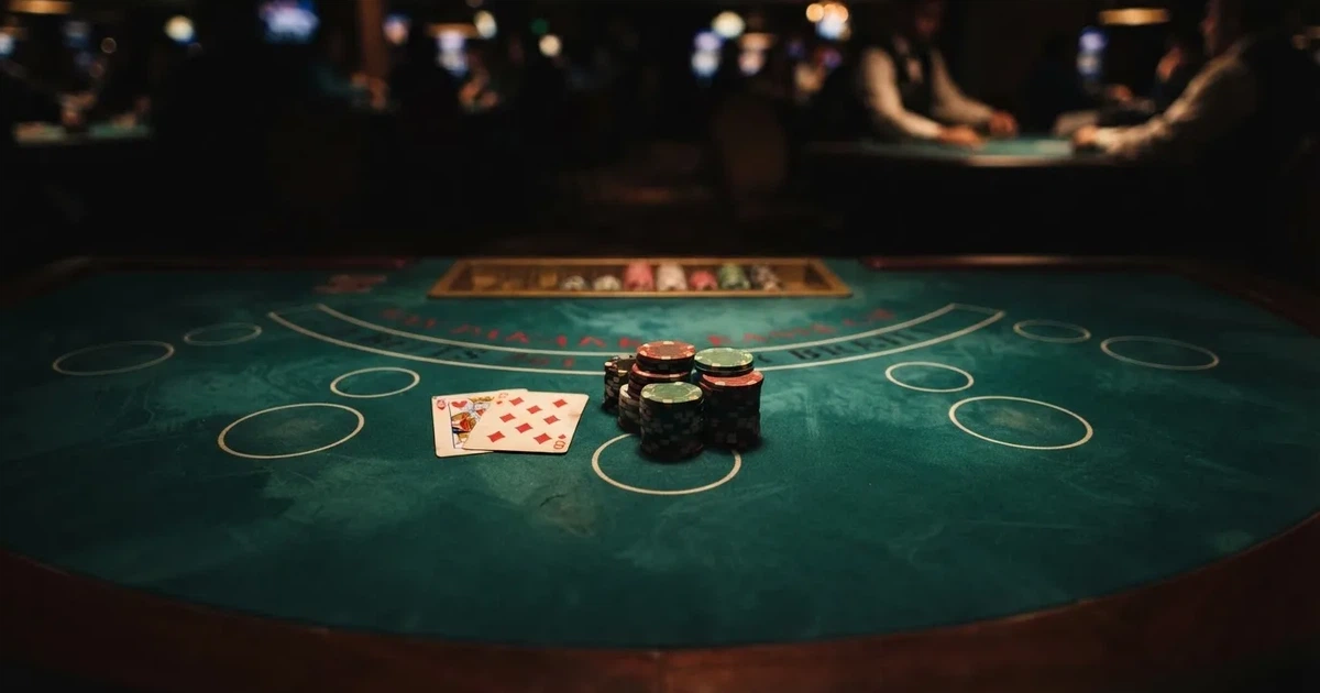 Mesa de jogo iluminada com cartas, vista de cima — máquinas de casino em portugal