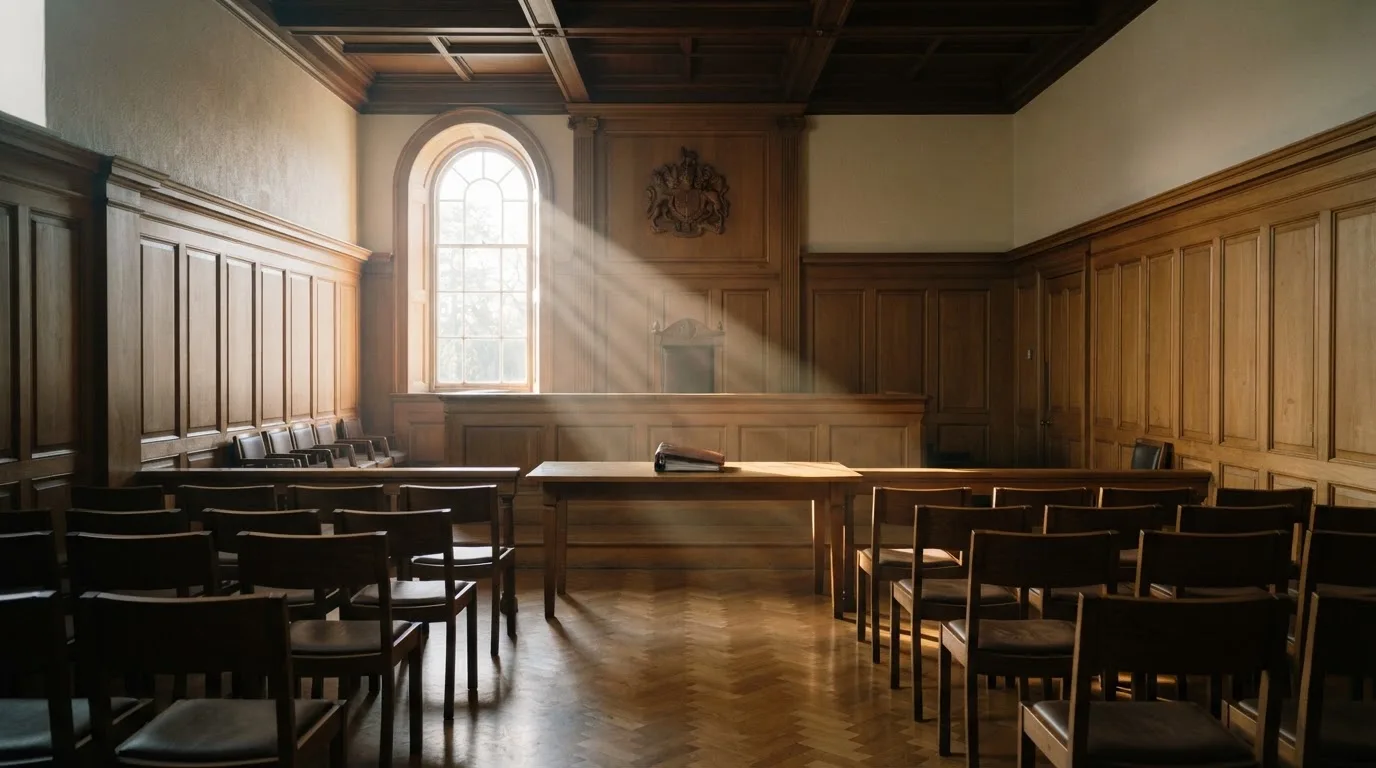 Sala de tribunal vazia com painéis de madeira, à luz da manhã — melhor blackjack em portugal