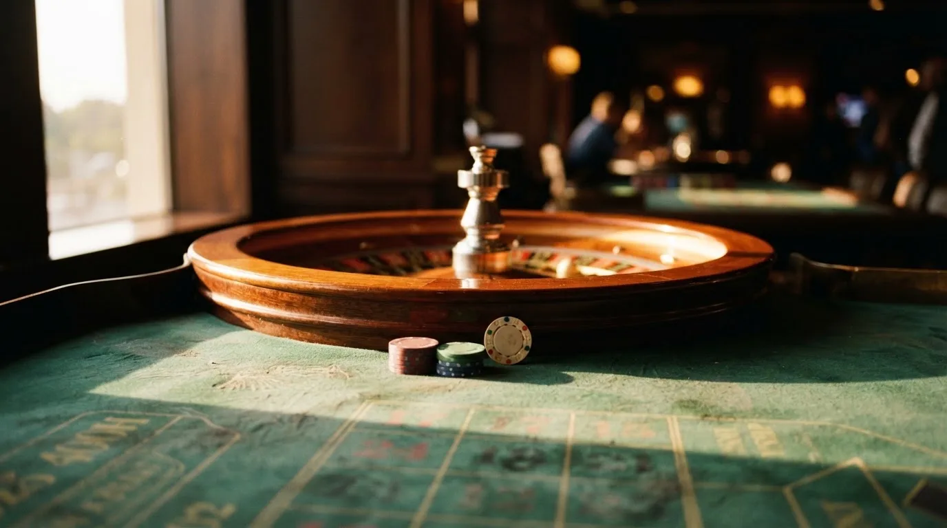 Roda de roleta e fichas sobre feltro verde, sob uma luz quente de fim de tarde — melhor blackjack em portugal