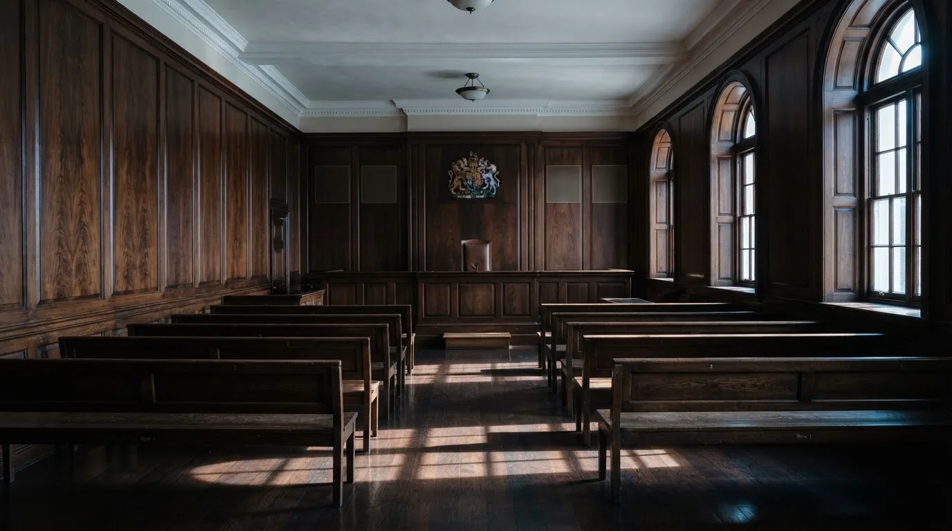 Sala de tribunal vazia com painéis de madeira, à luz da manhã — melhor roleta em portugal