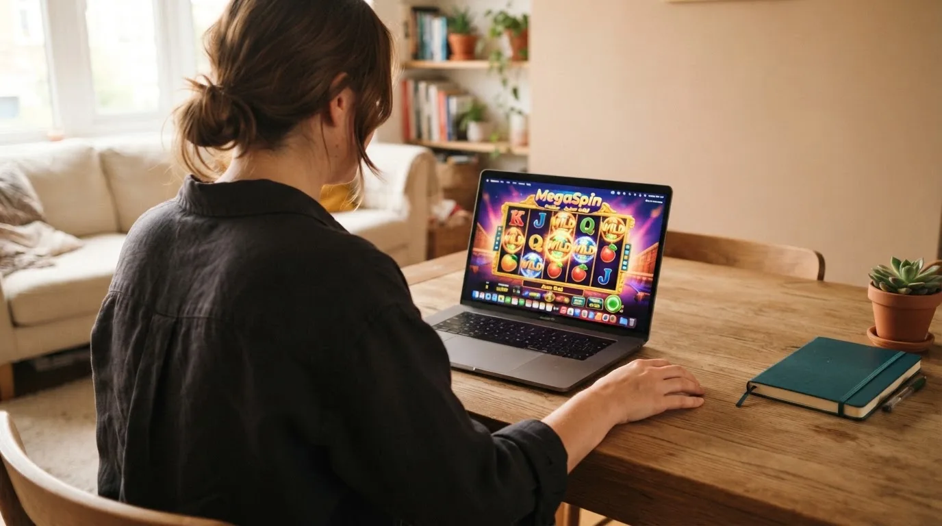Pessoa a explorar um casino online no portátil numa mesa de sala, com bloco de notas fechado e uma planta ao lado.