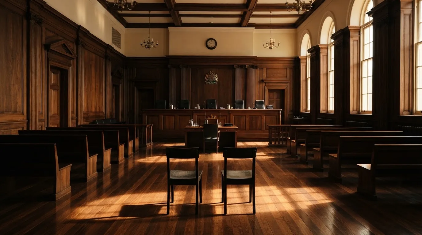 Sala de tribunal vazia com painéis de madeira, à luz da manhã — melhores cassinos em portugal