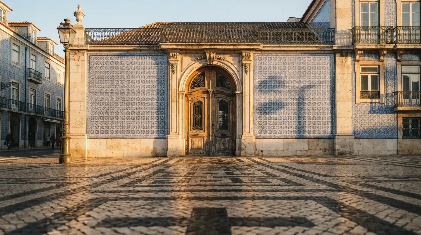 Fachada de um edifício oficial lisboeta com azulejos e portas altas, rua em calçada portuguesa e um candeeiro antigo.