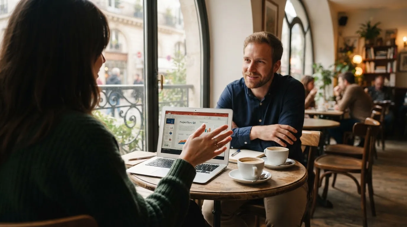 Duas pessoas a comparar opções à mesa de um café, com portátil aberto e dois cafés, luz natural de janela.
