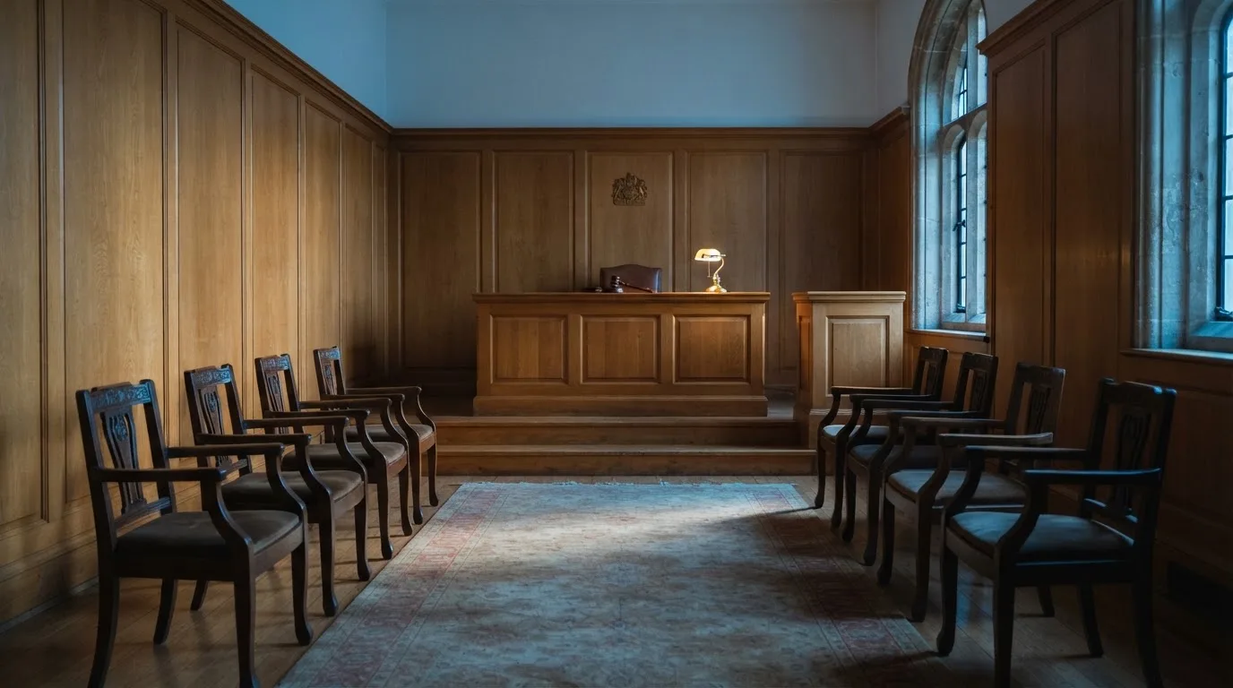 Sala de tribunal vazia com painéis de madeira, à luz da manhã — mesas de casino em portugal