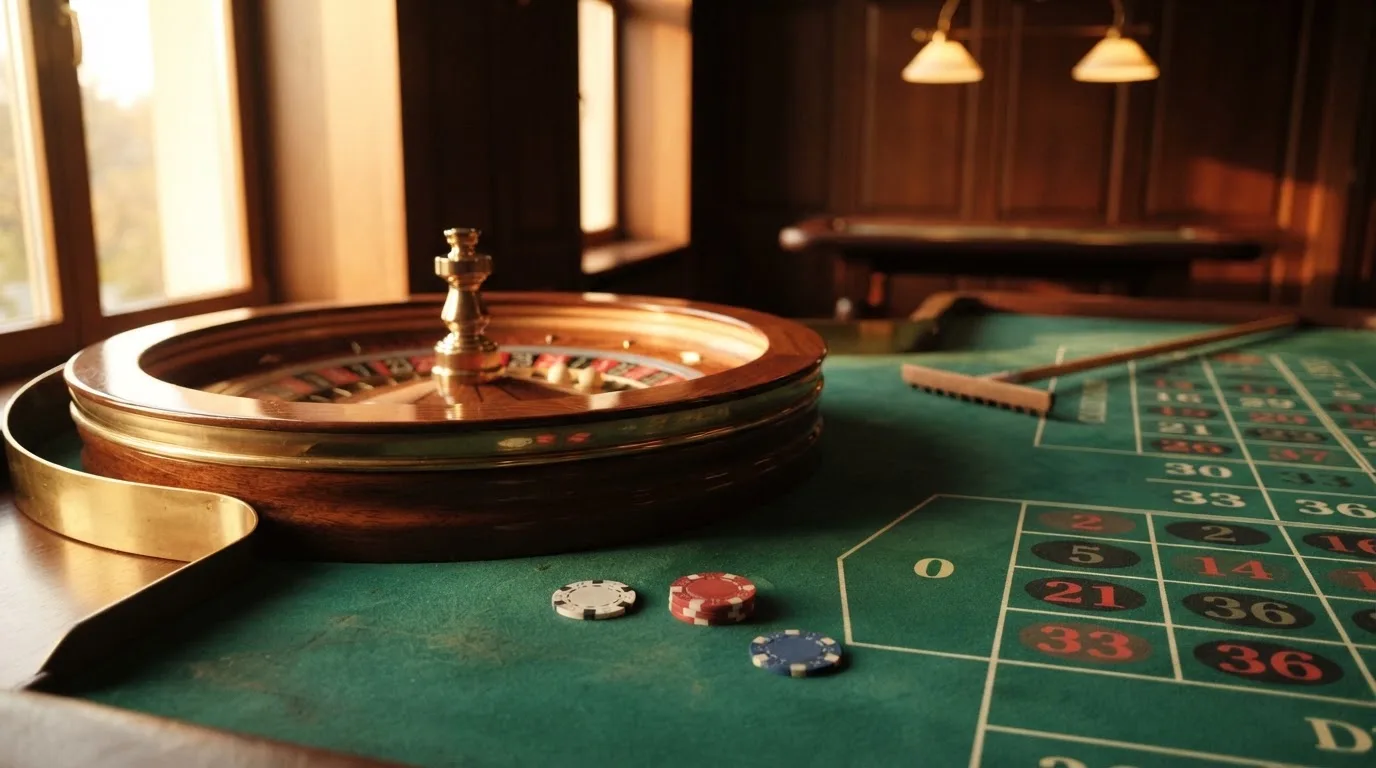 Roda de roleta e fichas sobre feltro verde, sob uma luz quente de fim de tarde — mesas de casino em portugal