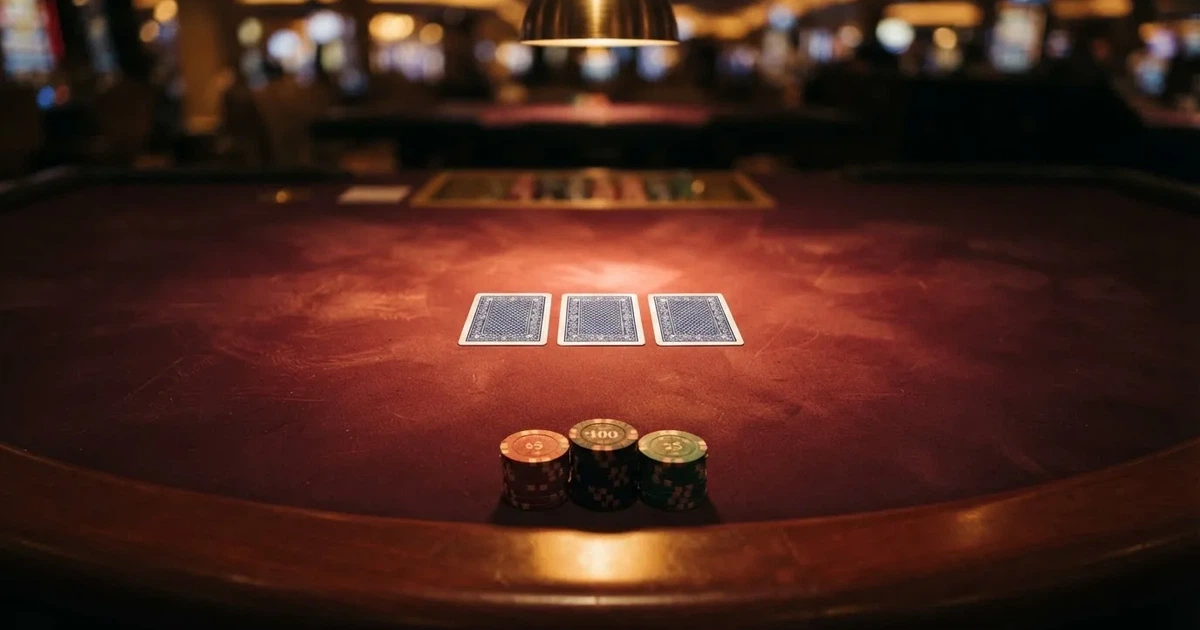 Mesa de jogo iluminada com cartas, vista de cima — mesas de casino em portugal