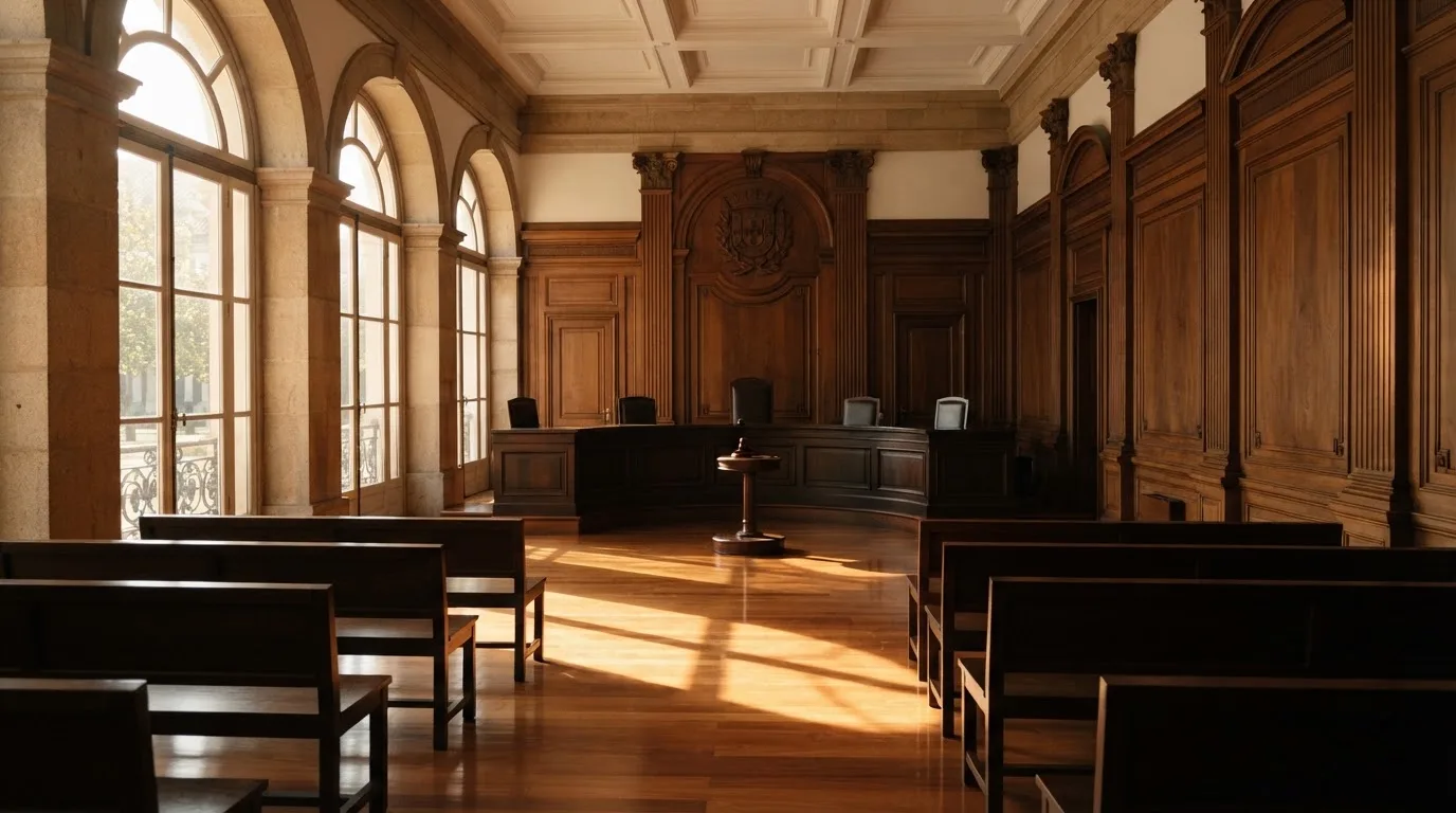 Sala de tribunal vazia com painéis de madeira, à luz da manhã — novo casino em portugal