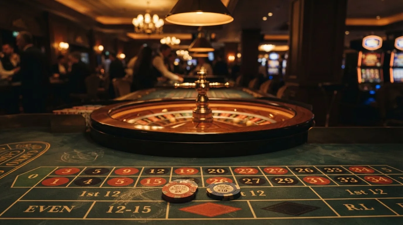 Roda de roleta e fichas sobre feltro verde, sob uma luz quente de fim de tarde — novo casino em portugal