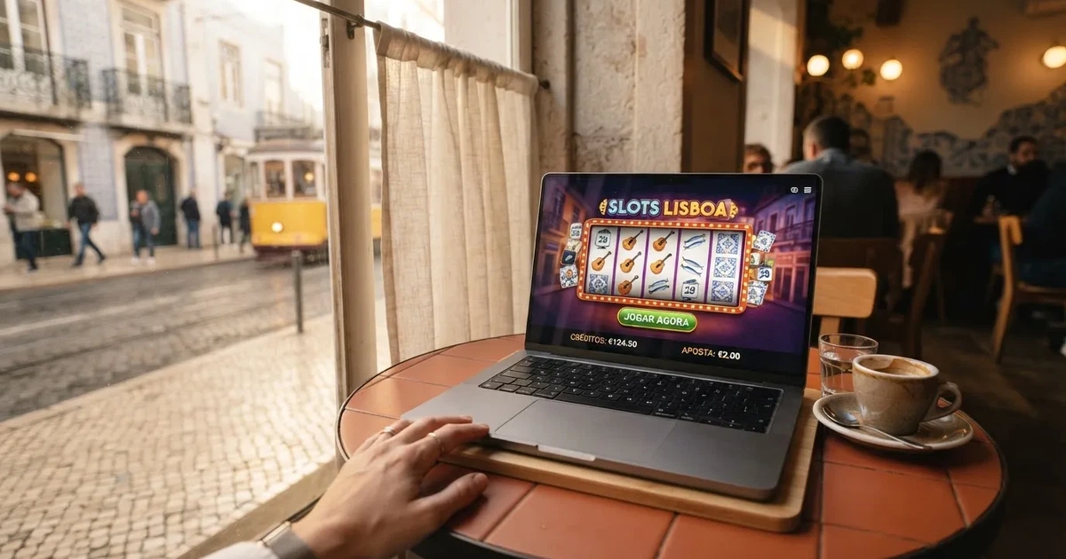 Computador portátil numa mesa de café junto a uma janela virada para a rua — novo casino em portugal