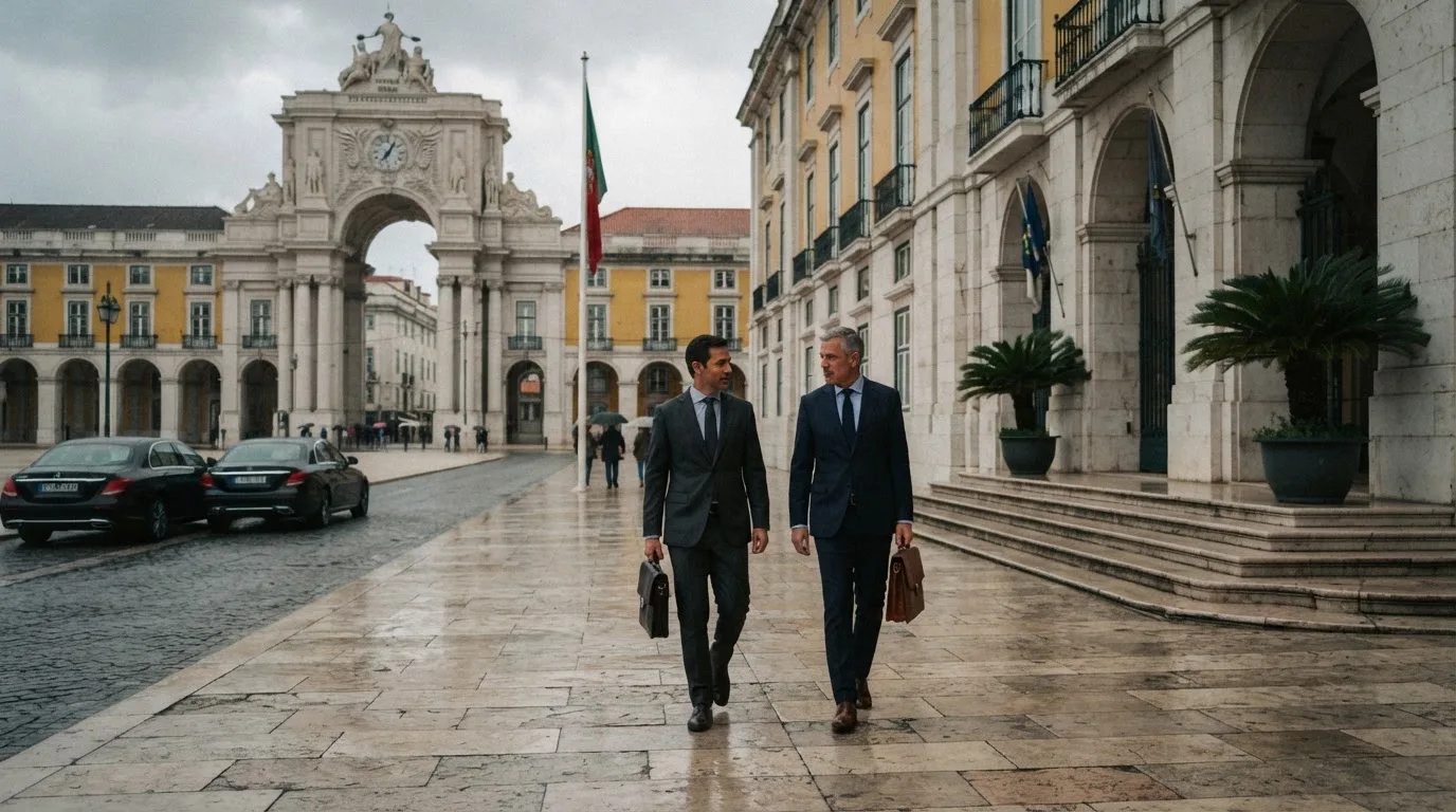 Pessoas de fato a caminhar à frente de um edifício de serviços públicos em Lisboa, com pasta na mão e céu nublado.
