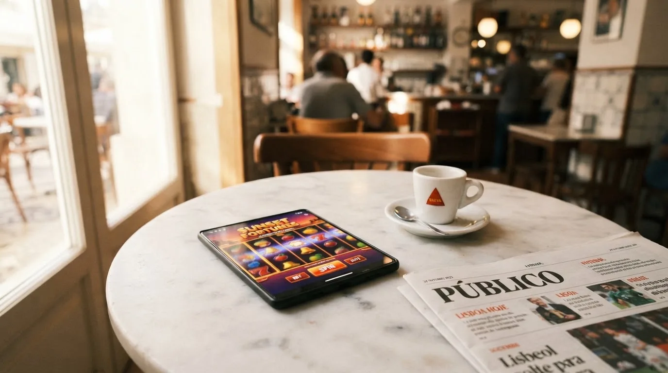 Pessoa a explorar jogos no telemóvel num café, com uma bica na mesa e luz de manhã a entrar pela montra.