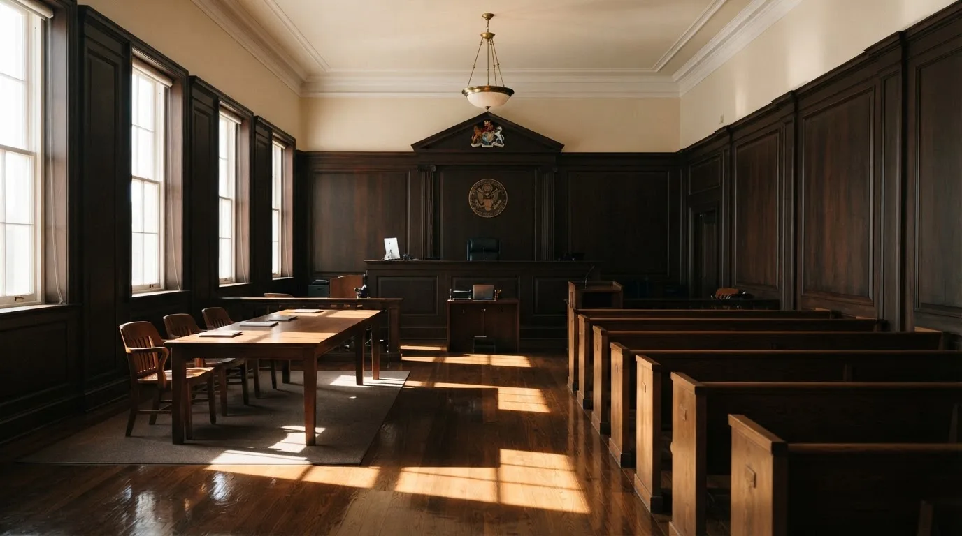 Sala de tribunal vazia com painéis de madeira, à luz da manhã — ofertas de casino em portugal