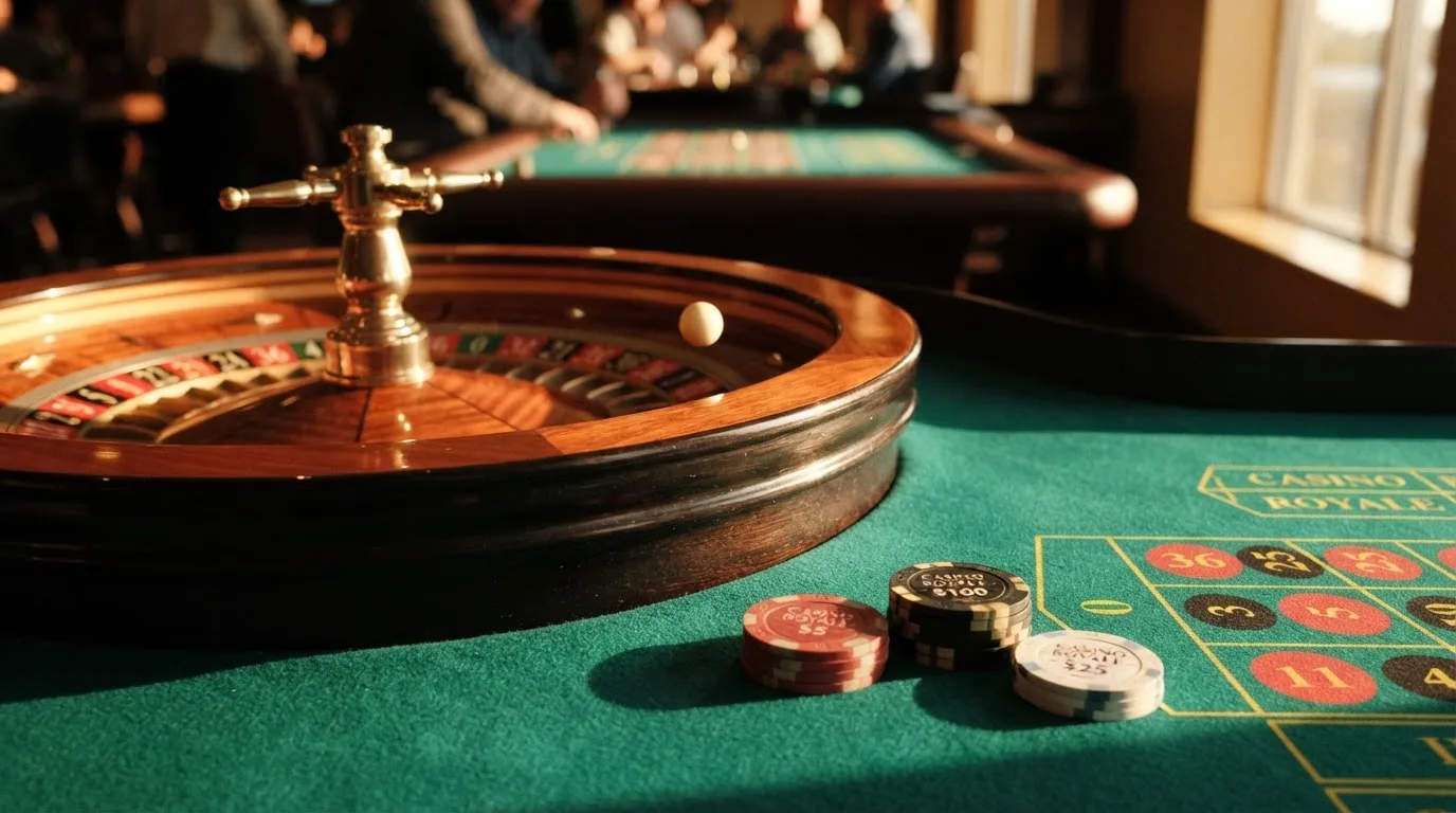 Roda de roleta e fichas sobre feltro verde, sob uma luz quente de fim de tarde — ofertas de casino em portugal