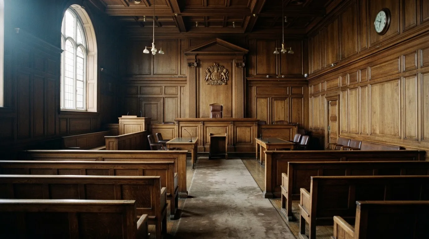 Sala de tribunal vazia com painéis de madeira, à luz da manhã — online casino bónus para os portugueses