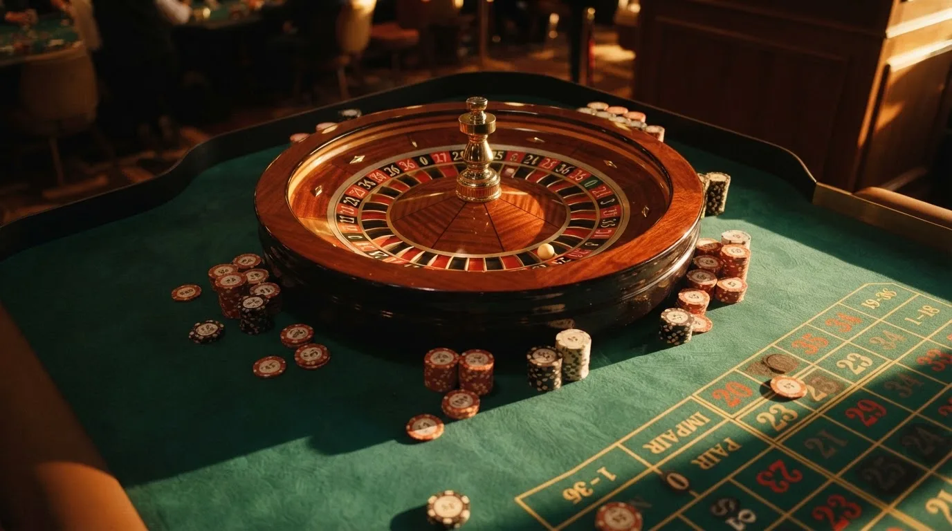 Roda de roleta e fichas sobre feltro verde, sob uma luz quente de fim de tarde — online casino bónus para os portugueses